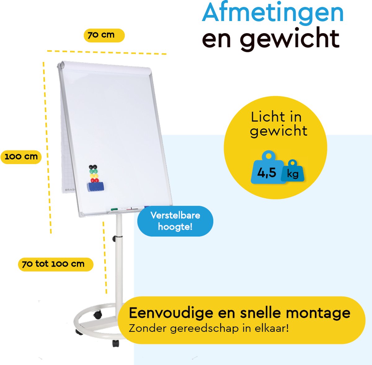 BRASQ Flipover Verrijdbaar Deluxe - Verstelbaar Whiteboard - Wit thumbnail 2