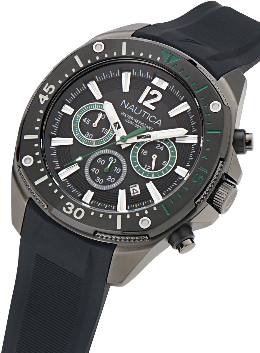 Nautica Nct Bluesail Quartz Chronograaf Horloge Zwart Kast: 100% Roestvrij Staal. Armband: 100% Siliconen 46 NAPBSS502, NAPBSS503