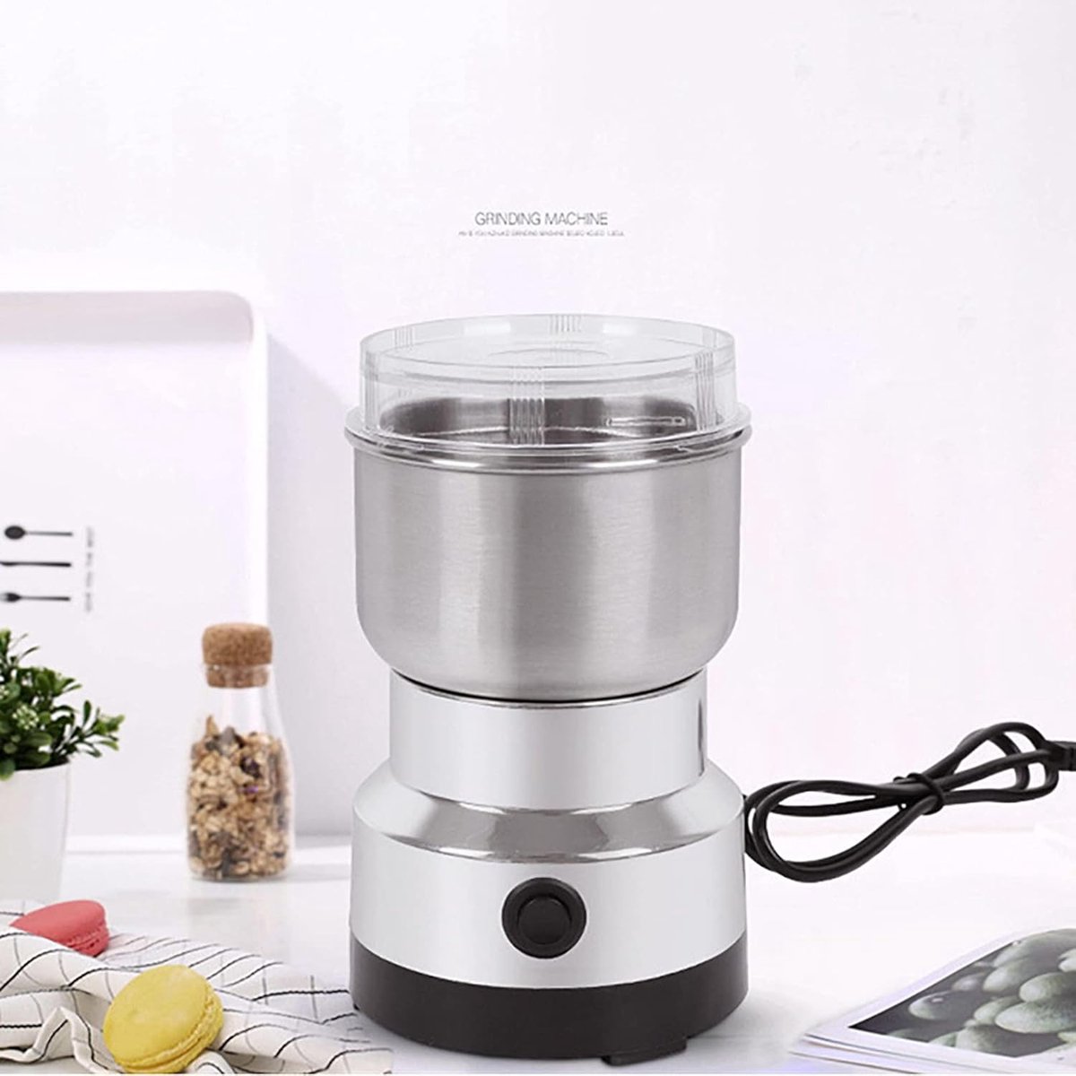 BORVAT® Elektrische Koffiemolen – 150W – 100g – Kruiden, Granen & Noten – Koffiebonen, Chili, Granen, Noten - Transparant Deksel – RVS