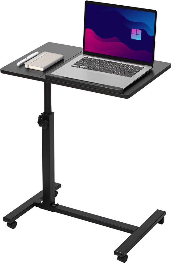 Table d'appoint TTD® Premium sur roulettes avec frein - Table réglable pour ordinateur portable - Table de lit ergonomique sur Roues - Charge maximale : 23 kg - Support pour ordinateur portable - Inclinaison et hauteur réglables - Zwart - Droite