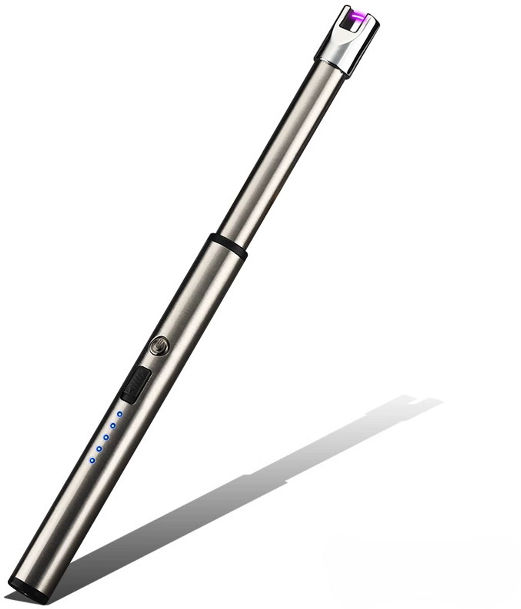 THAR Elektrische Lange Plasma Aansteker – USB Oplaadbaar – Windproof & Veilig – Met Kinderslot – Voor Kaarsen, BBQ, Kachel – Grijs metallic