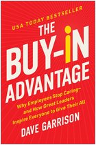 Boekomslag: The Buy-In Advantage door Dave Garrison met gele tekst op een rode achtergrond met zonnestralen.