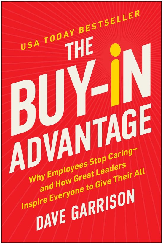 Boekomslag: The Buy-In Advantage door Dave Garrison met gele tekst op een rode achtergrond met zonnestralen.