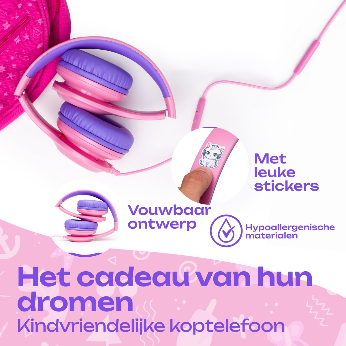 Afbeelding 3 van PowerLocus PLED Wired Kinder Koptelefoon met Draad - Koptelefoon voor kinderen - Veilig volume van 85dB en 94dB - Hoofdtelefoon - Met microfoon - Sharing Audio Functie - Roze