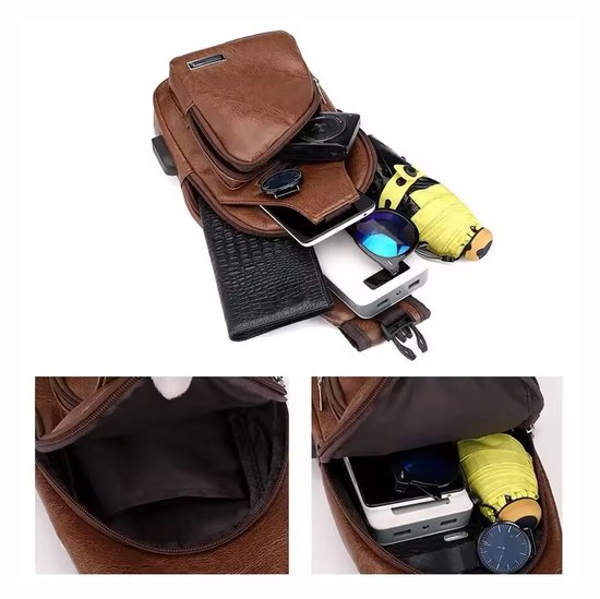 Bruine kunstleren schoudertas met meerdere vakken, gevuld met telefoon, portemonnee, zonnebril en powerbank.