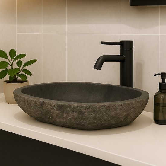 Lendo Online Wastafel ovaal (46-53)x(34-40) cm riviersteen - natuursteen - wasbak voor badkamer - spoelbak - waskom - unieke vorm en kleur!