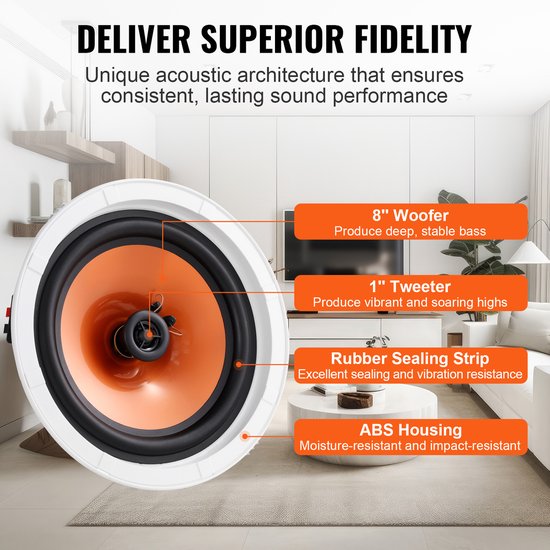 4-delig 8-Inch Plafondluidspreker, 100 Watt, Plafond- en Wandluidsprekersysteem, Impedantie 8 Ω, Gevoeligheid 89 Db, voor Woonkamers of Overdekte Veranda's — afbeelding 5