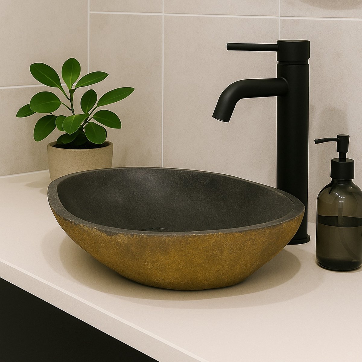 Lendo Online Wastafel ovaal (60-70)x(38-43) cm riviersteen - natuursteen koperkleurig bruin - wasbak voor badkamer - spoelbak - waskom - unieke vorm en kleur!