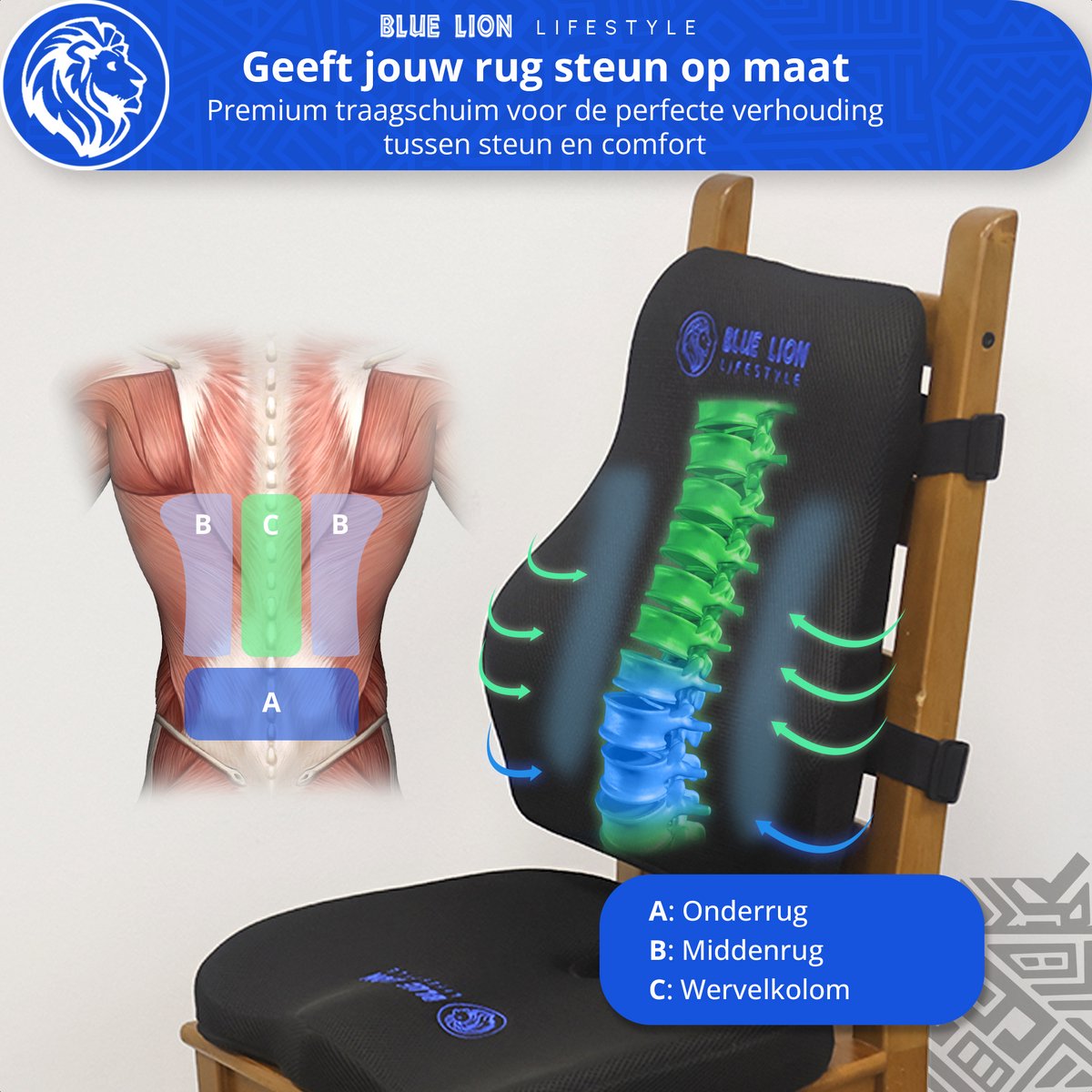 Blue Lion Ergonomisch Rugkussen L - Rugsteun voor Onderrug en Middenrug - Stoelkussen voor Bureaustoel, Auto & Thuiswerken – Zwart – foto 5
