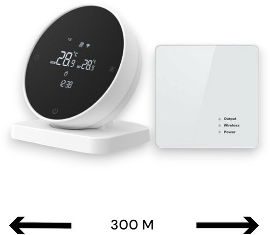 Witte thermostaat met rond zwart display, bedieningspaneel en bereik indicator 300M.