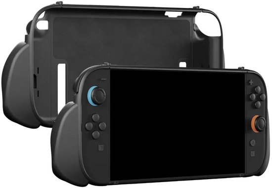 Zwarte Nintendo Switch met een transparante gripcase erachter. De gripcase bestaat uit drie delen.