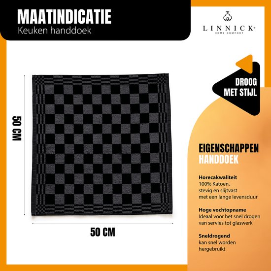 LINNICK Keukendoeken Set Blok Zwart – 50x50 – Set van 6 – Geblokt – Blokdoeken – 100% katoen – Keukendoek – handdoeken
