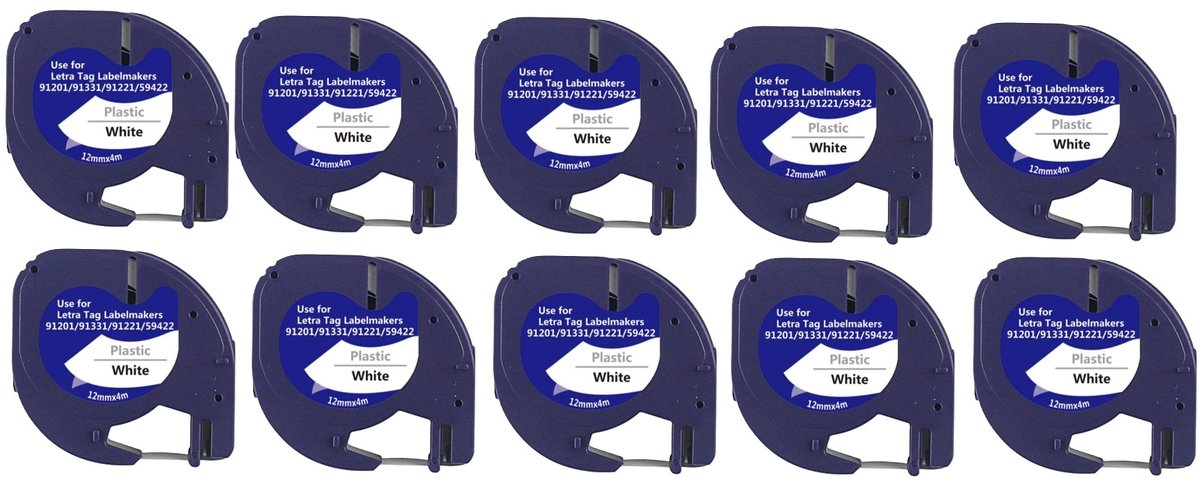 Label tape Geschikt voor Dymo 91201 | 12 mm x 4 m | S0721610 - Zwart op Wit - 10 stuks - Geschikt voor: LT-100H LT-100H Plus LT-100T LT-100T Plus XM XR 2000 QX50