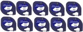 Tien blauwe labellint cassettes met witte plastic labels. Tekst: 'Use for Letra Tag Labelmakers', 'Plastic', 'White', '12mm x 4m'.