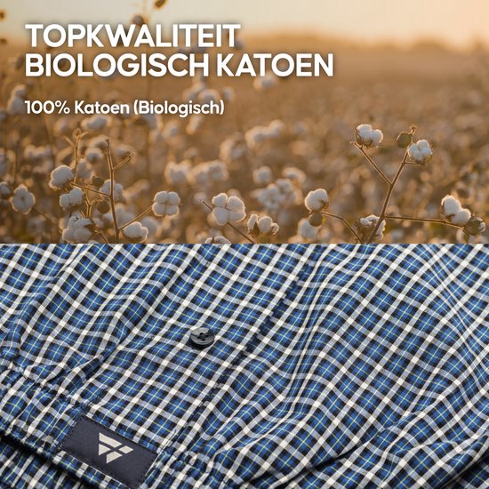 Blauwe en witte geruite boxershort van biologisch katoen met een donkerblauwe label.