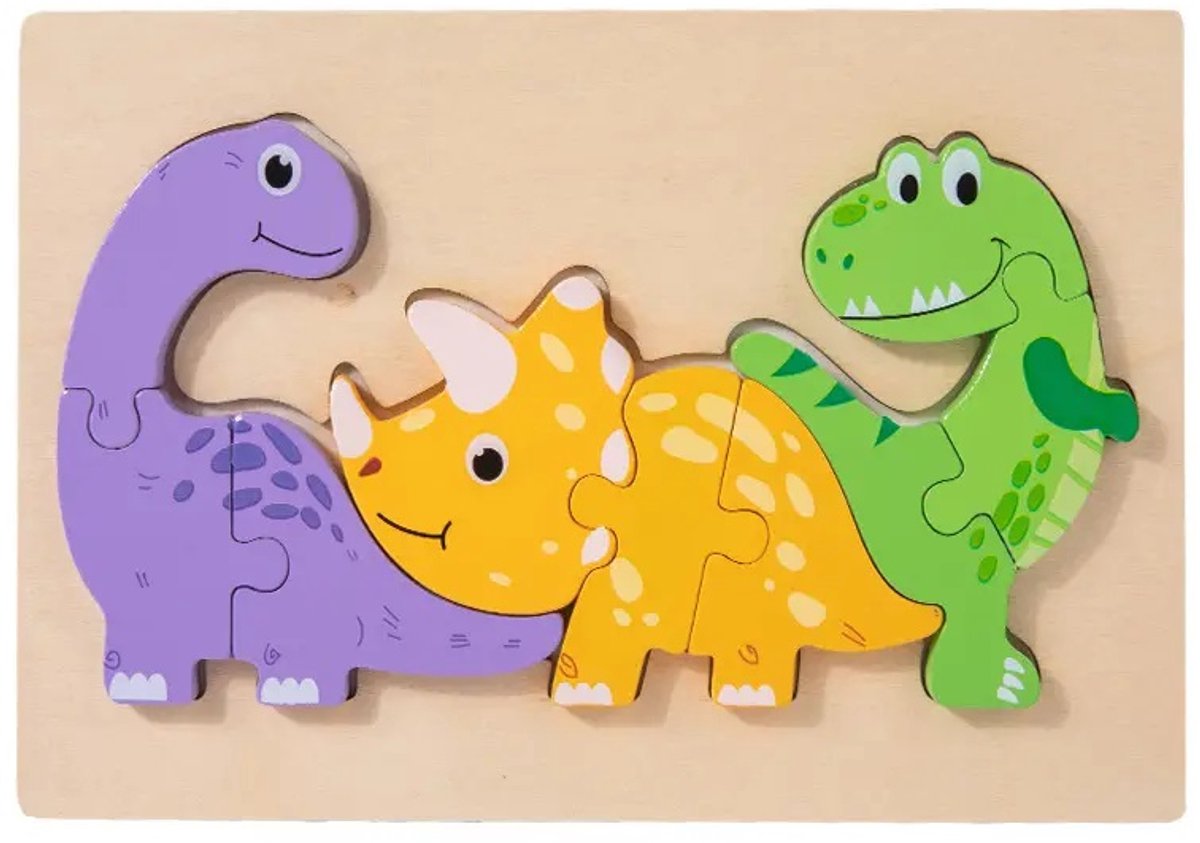 Houten dieren puzzel - Dinosaurus - 9 stukjes - Vanaf 2 jaar - Kinderpuzzel - Educatief montessori speelgoed - Grapat en Grimms style