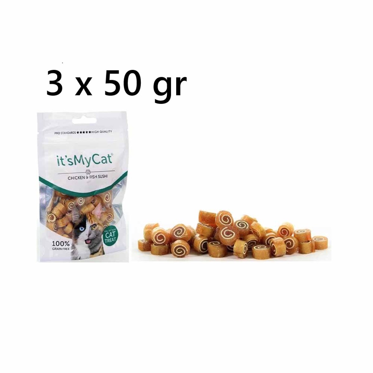 i** 3X ** its my cat - kattensnack 50 gr - kip en vis sushi -100% graan vrij