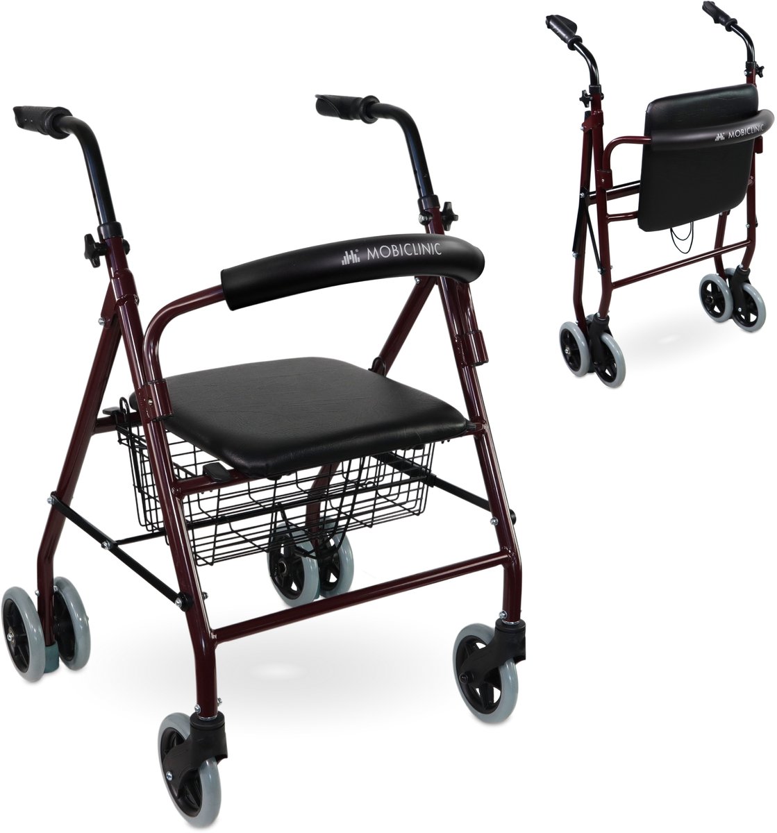 Goedkoopste Mobiclinic Prado - Rollator - Looprek met 4 wielen - Stoel en Rugleuning - Opvouwbare en Verstelbare in Hoogte - Lichtgewicht - Aluminium - Zitting en mandje - Drukremmen - Bordeaux