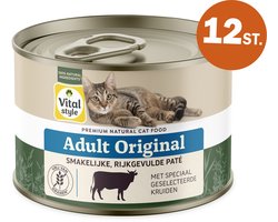 VITALstyle Adult Original - Kattenvoer Natvoer - Met Rund - Gevarieerde Voeding Voor Een Levenslustige Kat - Met o.a. Catnip & Peterselie - 12 x 200 g