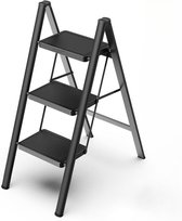 Moeve Keukentrap - Huishoudtrap inklapbaar - Opstapje - Trap ladder - Opstap krukje - 150 kg draagvermogen - Anti-slip - 3 treden - Zwart
