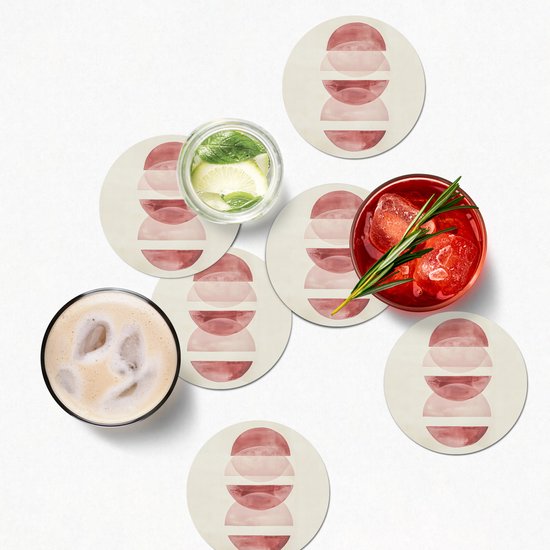 Sous-verres de verre - Rond - Minimaliste - Cercles - Rose - 10x10 cm - Dessous de verre - 6 pièces