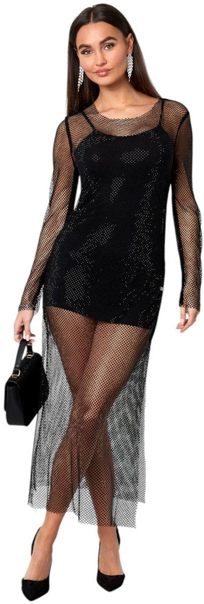 Zwarte Lange Jurk Sparkly - Trendy Glinsterende Sexy Lange doorzichtige Jurk - Met Onderjurk - Dames Jurken - Maat M - Zwart