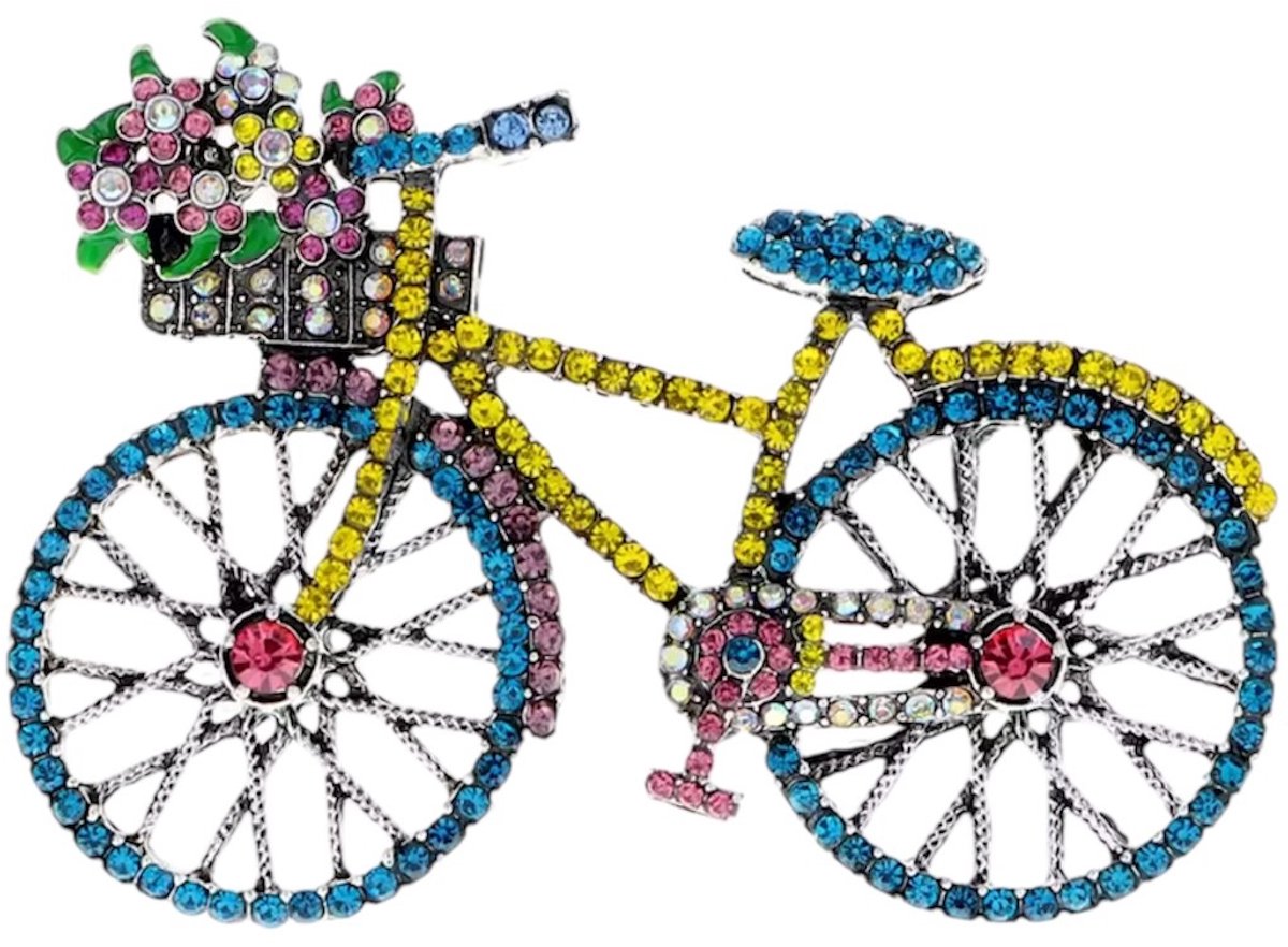 Broche Fiets Strass met Bloemenmandje ( 7.3 x 5 cm )