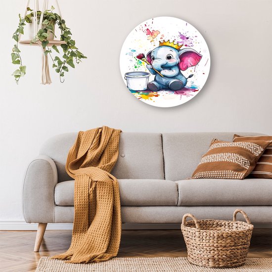 Schattige babyolifant met kleuren - Olifant wanddecoratie rond - Rond kunstwerk dieren - Aquarel - Forex kunstwerk cirkel - Metalen wanddecoratie - Muurcirkel forex 80x80 cm