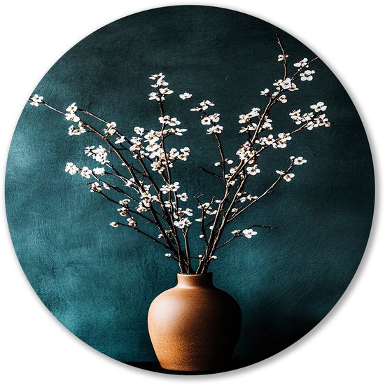 Keramische vaas met bloesemtakken - Stilleven wandcirkel - Ronde wanddecoratie bloemen - Japandi - Wandcirkel van Forex - Eigentijdse wanddecoratie - Muurcirkel forex 100x100 cm