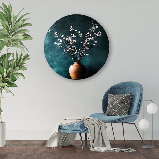Keramische vaas met bloesemtakken - Stilleven wandcirkel - Ronde wanddecoratie bloemen - Japandi - Wandcirkel van Forex - Eigentijdse wanddecoratie - Muurcirkel forex 100x100 cm