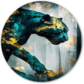 Abstracte panter in teal en goud - Luipaard wandcirkels - Wandbord panter - Abstracte kunst - Ronde Forex wanddecoratie - Scandinavische muurdecoratie - Muurcirkel forex 100x100 cm