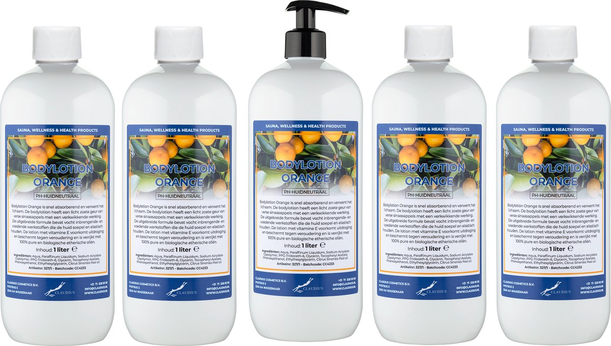 Bodylotion Orange 1 Liter - met gratis pomp - set van 5 stuks - Voordeelverpakking