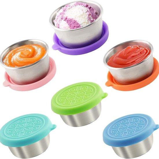 Dressingbekers - 6 stuks - sausbekers, 50 ml dressingbeker met siliconen deksels, kleine roestvrijstalen sausbeker voor salades en specerijen