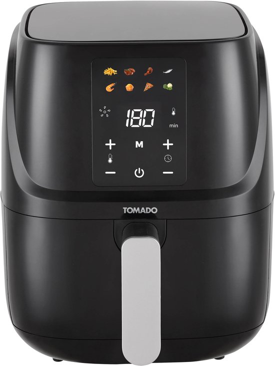 Zwarte Tomado airfryer met digitaal display, inhoud 3L. De mand is gesloten.