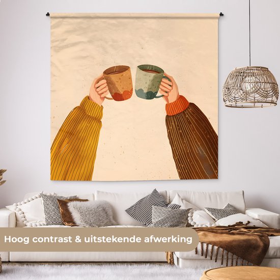 Wandkleed 180x180 cm - Wanddoek Illustratie - Mokken - Proosten - Bruin - Wandtapijt - Wandkleden