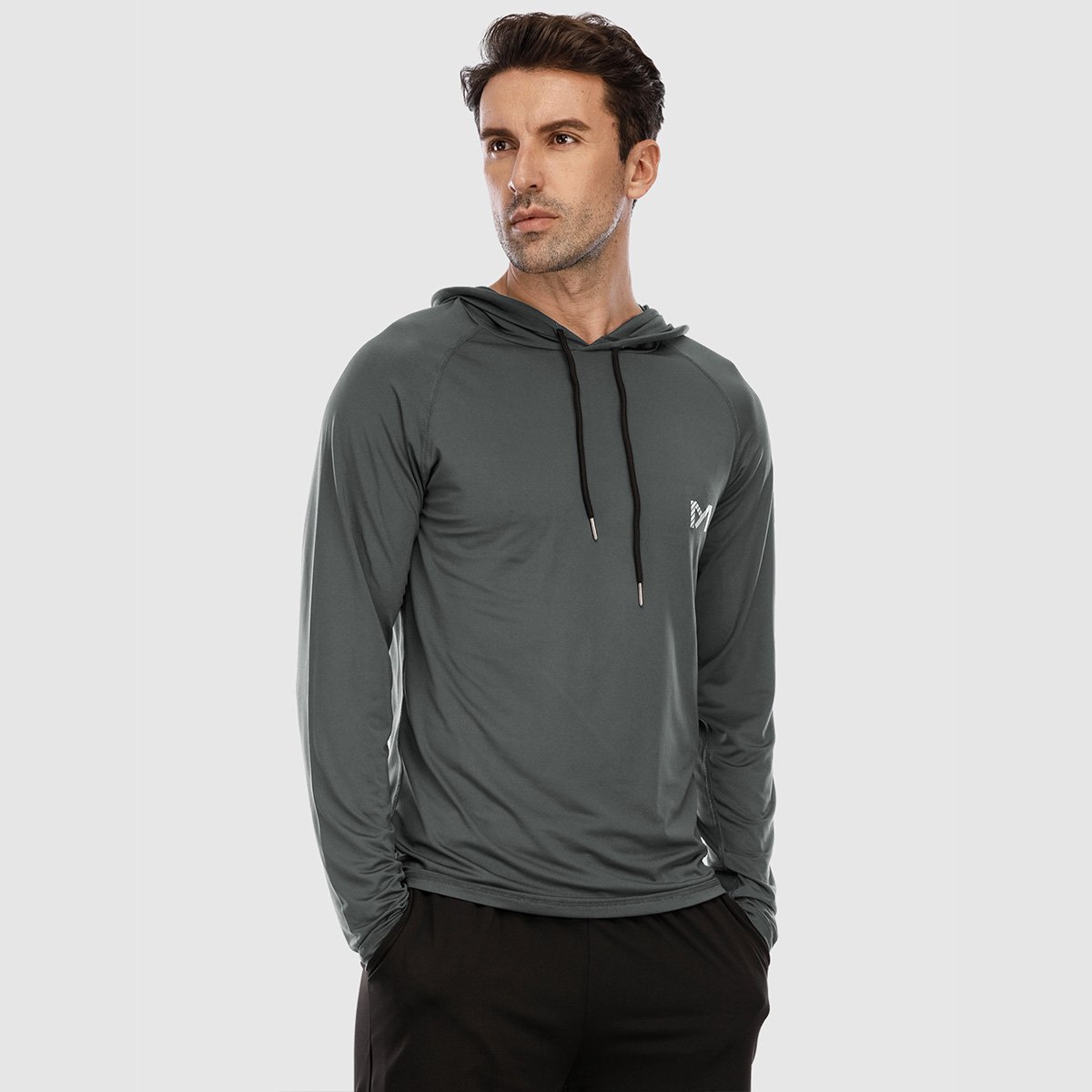 MEETYOO Heren Atletische Hooded Shirts Lange Mouw Workout Sport Hoodie Casual Hardloop T-shirt Snel Droog Pullover Top Sweatshirt-Grijs-M