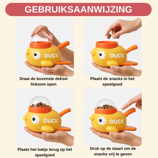 Vier afbeeldingen van gele eend speelgoed. Instructies voor het vullen en gebruiken van het speeltje.