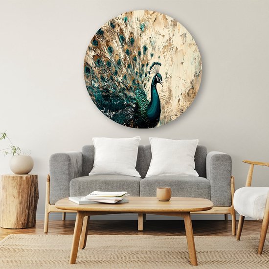 Kleurrijke pauw in abstract ontwerp - Pauw wanddecoratie rond - Rond wandpaneel pauwenveren - Abstracte kunst - Forex - Scandinavische muurdecoratie - Muurcirkel forex 40x40 cm