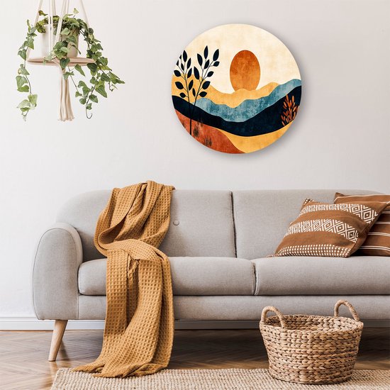 Paysage abstrait aux couleurs chaudes - Décoration murale coucher de soleil ronde - Décoration murale ronde paysage - Art abstrait - Cercles muraux Forex uniques - Mobilier de bureau élégant - Cercle mural forex 90x90 cm
