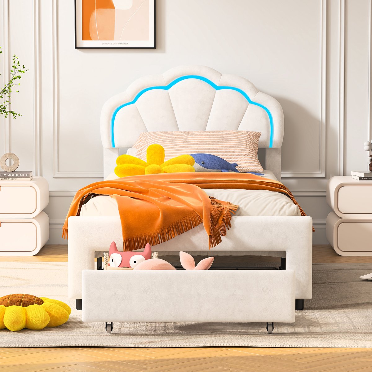 Gestoffeerd fluwelen bed 90x200cm met bloemvormig hoofdeinde lattenbodem - Roze
