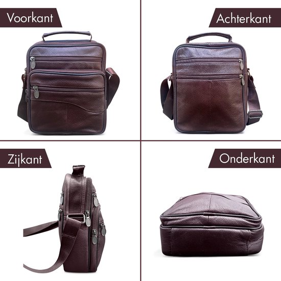 Quatre vues d'un sac bandoulière en cuir marron foncé pour hommes : avant, arrière, côté et dessous.