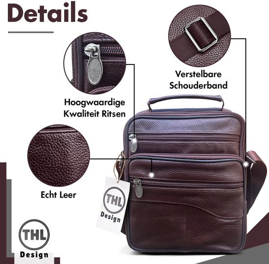 Détails du sac bandoulière en cuir marron foncé : texture cuir véritable, fermetures éclair de haute qualité, bandoulière réglable.
