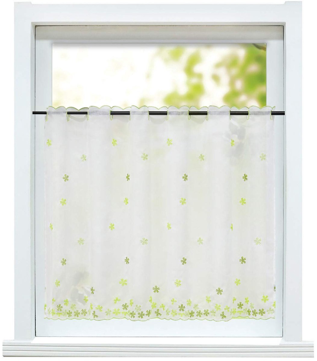 Ibenzoa Vitrage landelijke bistrogordijn met bloemen borduurwerk voor keukenramen, transparant en elegant, 75x110 cm groen
