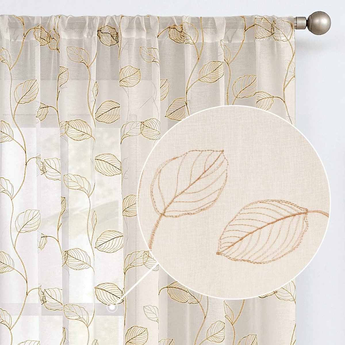 Ibenzoa Transparante gordijnen met bladeren borduurwerk voor woonkamer en slaapkamer, set van 2 Bladeren C Beige