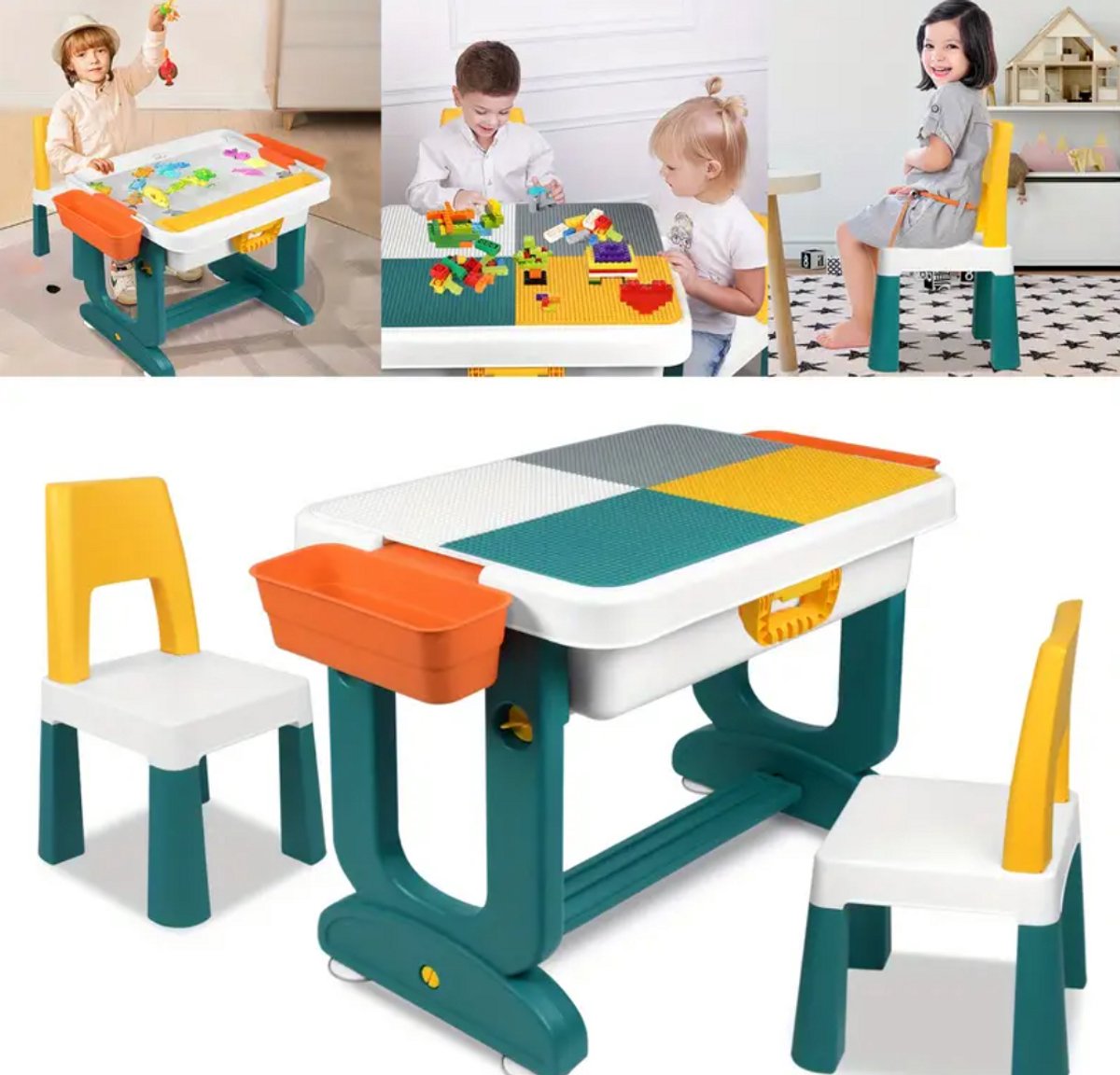 Kinder Speeltafel met 2 Stoelen & 300 Blokken – Activiteitentafelset Kindertafel Met Bouwblokken En Opbergruimte