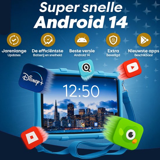 AngelTech Kindertablet PRO MAX - 4+3GB RAM - 64+64 GB - Android 14 - Snelle 8 Inch Kindertablet - Vanaf 3 Jaar - Perfect Voor School - Ouderlijk Toezicht - Ook Voor Volwassenen - 360° Fidgy Beschermhoes - Blauw
