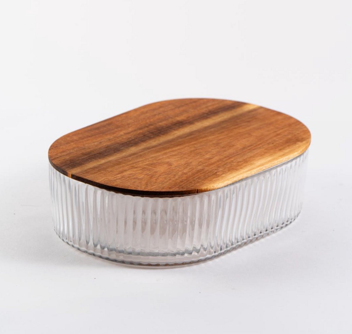 Acacia – Geribbelde Glazen Opbergdoos – met Acacia Houten Deksel – Ovale Vershouddoos / Snoepdoos / Voorraadpot – Luchtdicht – 25,5 x 18,5 cm – Hoogte 7,5 cm – Duurzaam & Stijlvol Opbergen