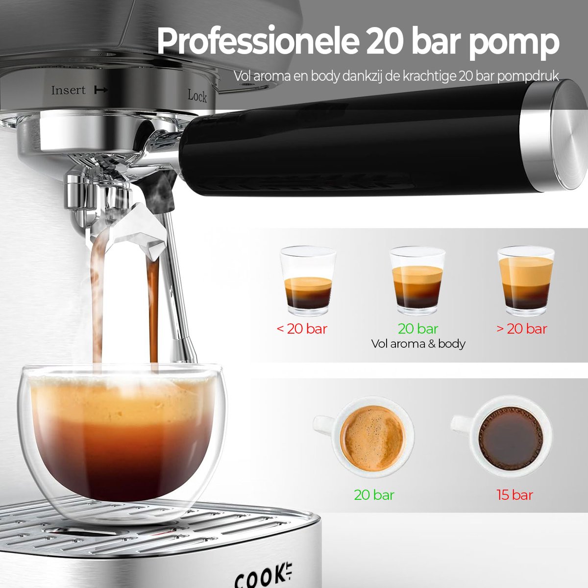 Espressomachine 20 Bar - Piston Koffiemachines RVS - Met Stoompijpje - Coffee Machine - 1,3L Waterreservoir - COOK-IT — afbeelding 5