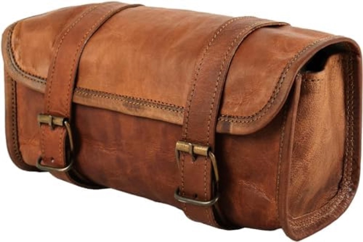 Vintage motortas van echt geitenleer, 2-riem-gespsluiting, bruine gereedschapstas, snelsluiting, versterkt, voor stuur, vorken, leren fietstas (patroon 1)