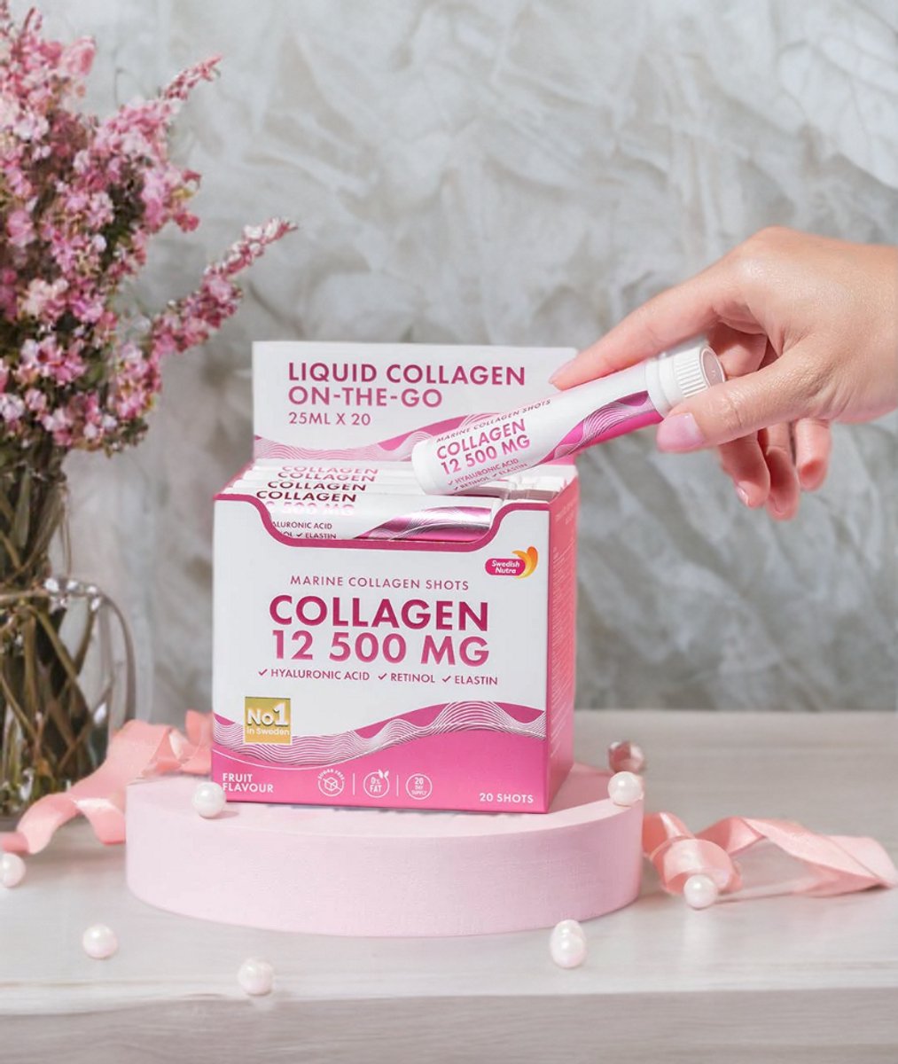Premium Vloeibare Marine Collagen Shots 12500 mg-Beauty-Geavanceerde Anti-Aging Formule voor Huid, Haar, Nagels en Gewrichten-Hyaluronzuur-Retinol-Elastin-MSM-Zink-Vitamine C, B5, D3, K2-Anti-Acne werking-Helpt cellulitis verminderen-20 Shots X 25 ML